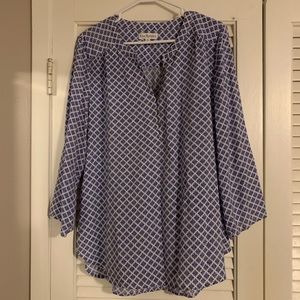 Blue and white tunic-style blouse